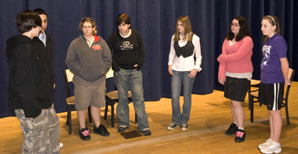 BMS Theater Troupe performing Bullying Skits at Hyde School in Bath (ltor) Donovan Schroeder, Dominic Stamerra, Elizabeth Bergeron, Lauren Johnson, Elizabeth Swanson, Madeline Meservey, and Logan Conley. Photo Courtesy of Michael Richard. 
